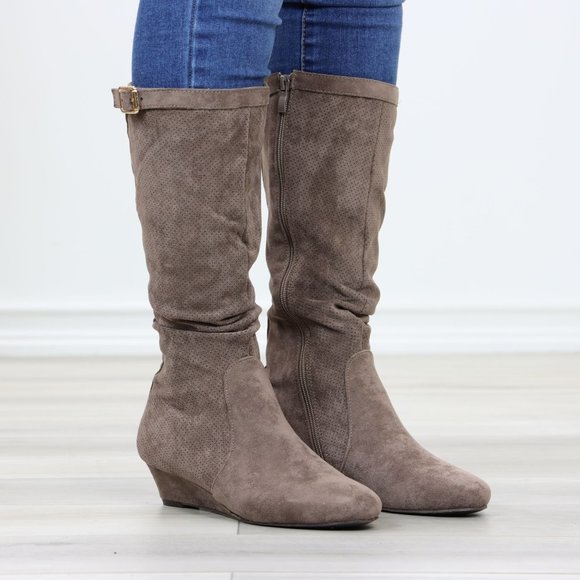 Taupe Faux Suede Round Toe Low Kitten Wedge Heel Mid Calf Boots - Picture 5 of 13